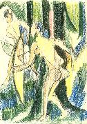 Ernst Ludwig Kirchner Arching girls in the wood - Crayons and pencil oil painting